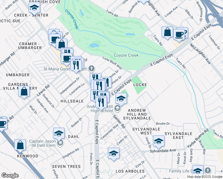 map of restaurants, bars, coffee shops, grocery stores, and more near Lone Bluff Way in San Jose