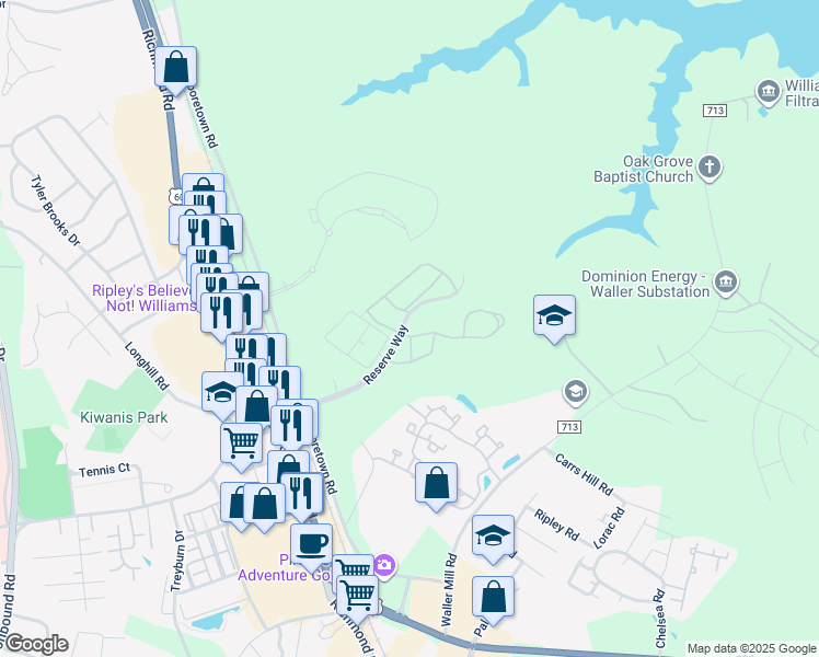 map of restaurants, bars, coffee shops, grocery stores, and more near 101 Caroline Circle in Williamsburg