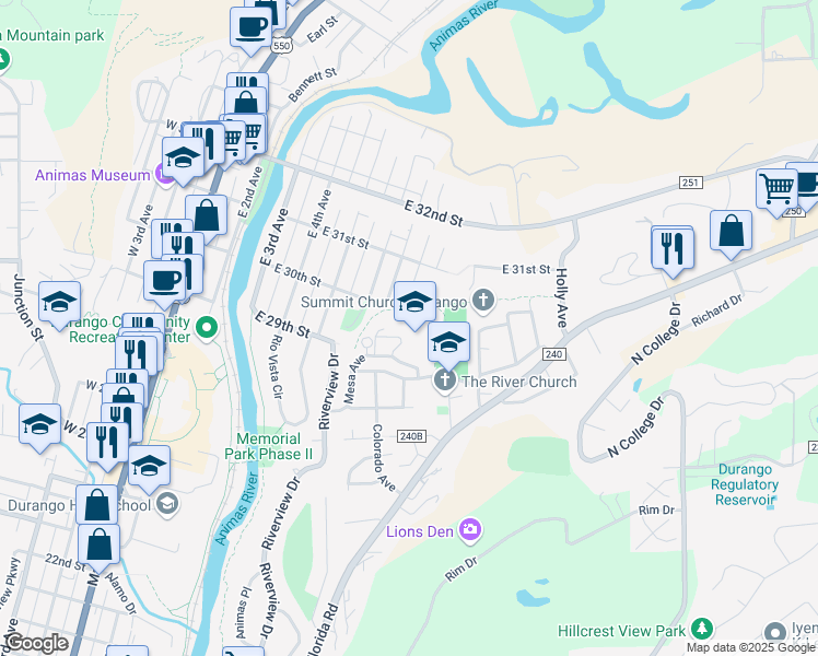map of restaurants, bars, coffee shops, grocery stores, and more near 2900 Mesa Avenue in Durango