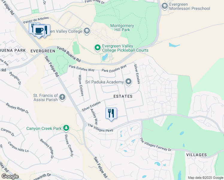 map of restaurants, bars, coffee shops, grocery stores, and more near 5186 Sunny Creek Drive in San Jose
