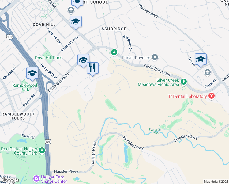 map of restaurants, bars, coffee shops, grocery stores, and more near 1729 Echo Canyon Court in San Jose