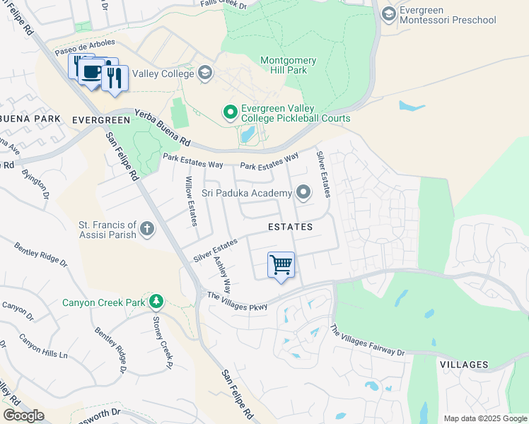 map of restaurants, bars, coffee shops, grocery stores, and more near 5186 Sunny Creek Drive in San Jose