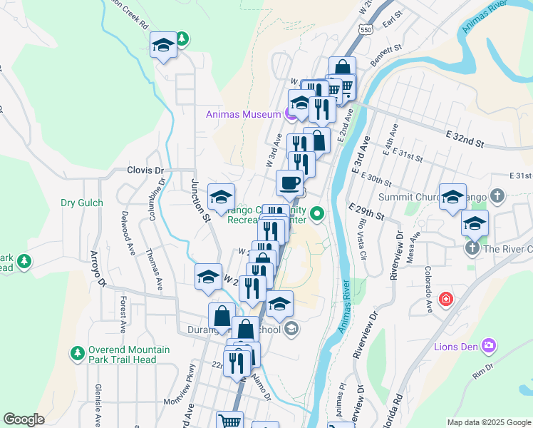 map of restaurants, bars, coffee shops, grocery stores, and more near 200 West 28th Street in Durango