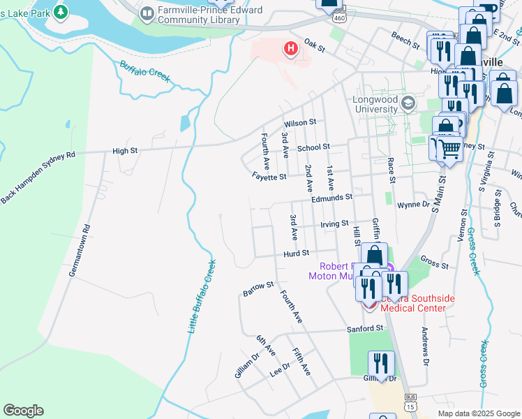 map of restaurants, bars, coffee shops, grocery stores, and more near 601 Fourth Avenue in Farmville