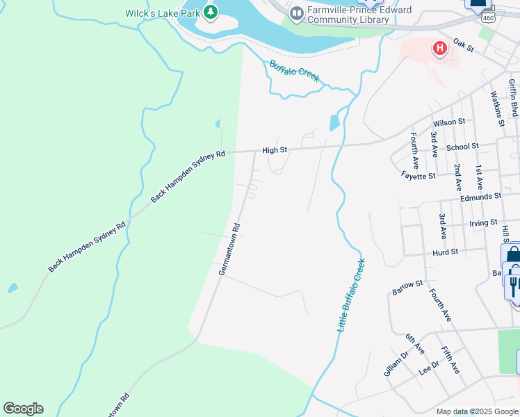 map of restaurants, bars, coffee shops, grocery stores, and more near 302 Germantown Road in Farmville