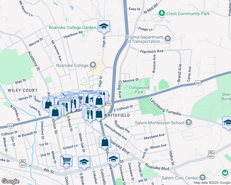 map of restaurants, bars, coffee shops, grocery stores, and more near 515 East Clay Street in Salem