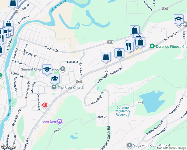 map of restaurants, bars, coffee shops, grocery stores, and more near 18 Maple Drive in Durango