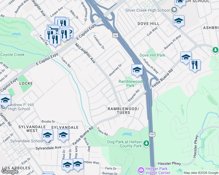 map of restaurants, bars, coffee shops, grocery stores, and more near in San Jose