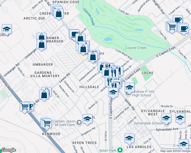map of restaurants, bars, coffee shops, grocery stores, and more near 546 Southside Drive in San Jose
