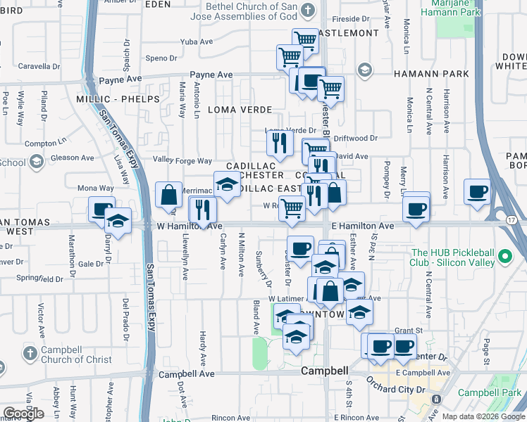 map of restaurants, bars, coffee shops, grocery stores, and more near 161 West Hamilton Avenue in Campbell