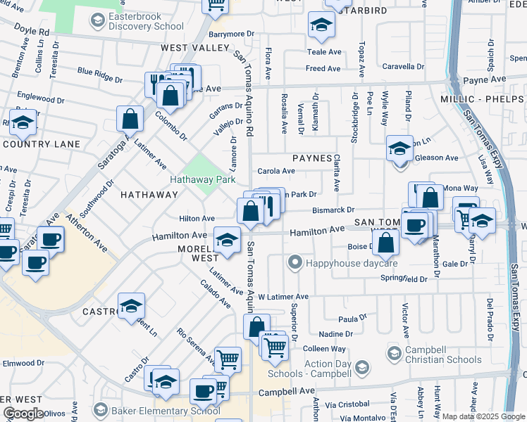 map of restaurants, bars, coffee shops, grocery stores, and more near 4163 Hamilton Avenue in San Jose