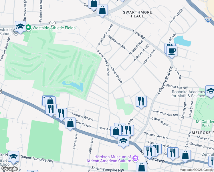 map of restaurants, bars, coffee shops, grocery stores, and more near 1208 Aspen Street Northwest in Roanoke