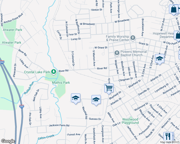 map of restaurants, bars, coffee shops, grocery stores, and more near 3028 Pickett Street in Hopewell