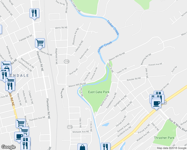 map of restaurants, bars, coffee shops, grocery stores, and more near 2320 Overlook Road Northeast in Roanoke