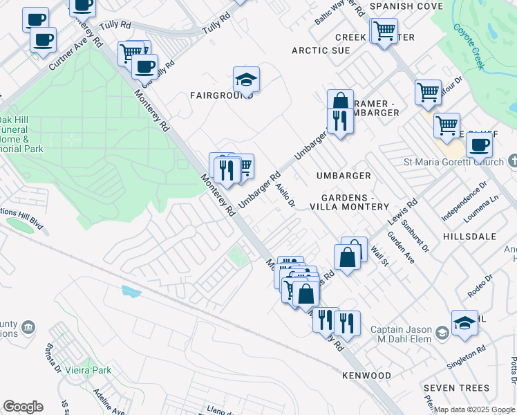 map of restaurants, bars, coffee shops, grocery stores, and more near 50 Umbarger Road in San Jose
