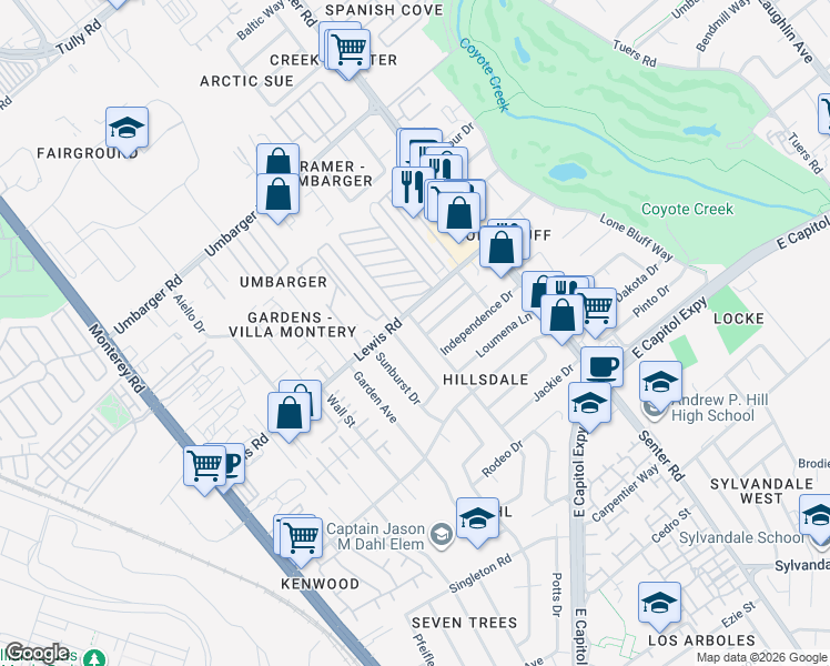 map of restaurants, bars, coffee shops, grocery stores, and more near 2935 Durant Avenue in San Jose