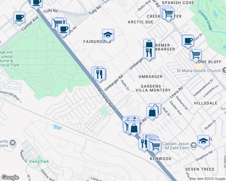map of restaurants, bars, coffee shops, grocery stores, and more near 50 Umbarger Road in San Jose