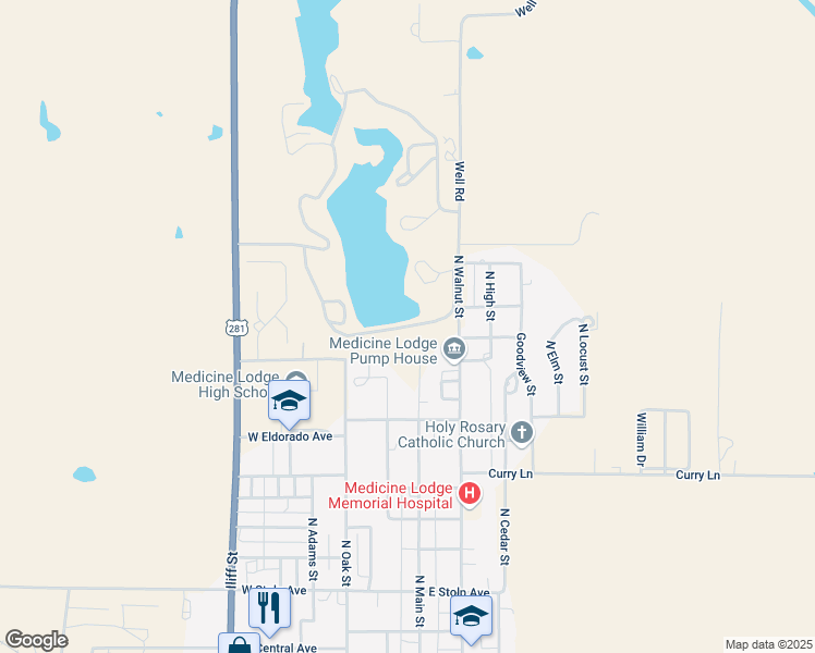 map of restaurants, bars, coffee shops, grocery stores, and more near Well Road in Medicine Lodge