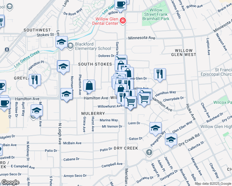 map of restaurants, bars, coffee shops, grocery stores, and more near 1661 Hamilton Avenue in San Jose