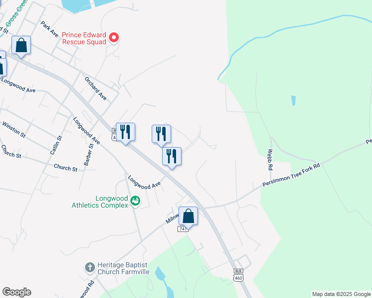 map of restaurants, bars, coffee shops, grocery stores, and more near 305 Sunchase Boulevard in Farmville