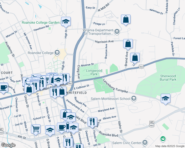 map of restaurants, bars, coffee shops, grocery stores, and more near 601 East Main Street in Salem