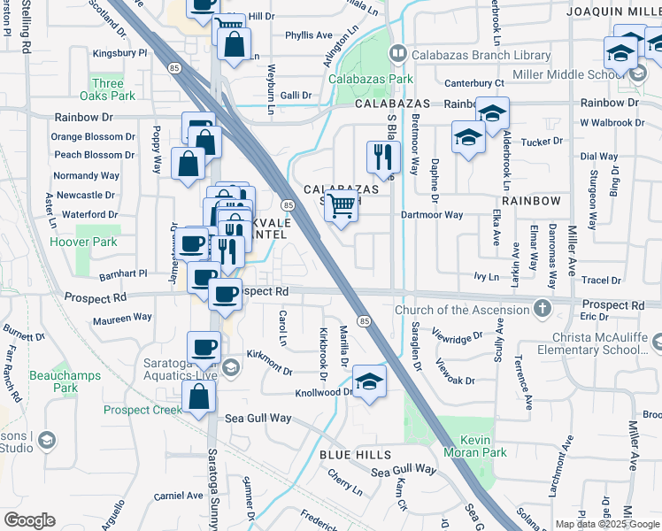 map of restaurants, bars, coffee shops, grocery stores, and more near 20181 Prospect Road in San Jose