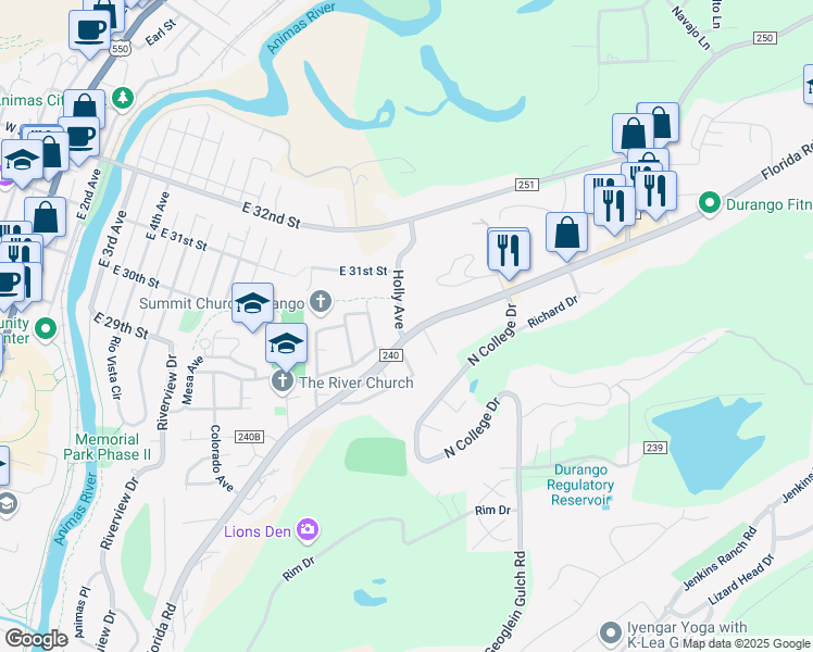 map of restaurants, bars, coffee shops, grocery stores, and more near 2810 Oak Drive in Durango