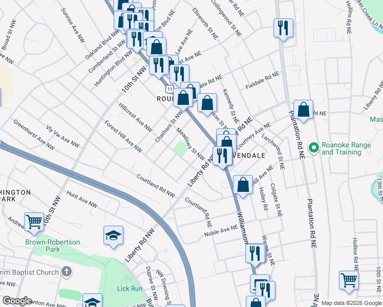 map of restaurants, bars, coffee shops, grocery stores, and more near 2714 Hillcrest Avenue Northwest in Roanoke