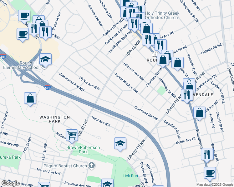 map of restaurants, bars, coffee shops, grocery stores, and more near 3211 Courtland Road Northwest in Roanoke
