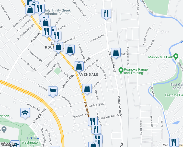 map of restaurants, bars, coffee shops, grocery stores, and more near 157 Avendale Avenue Northeast in Roanoke