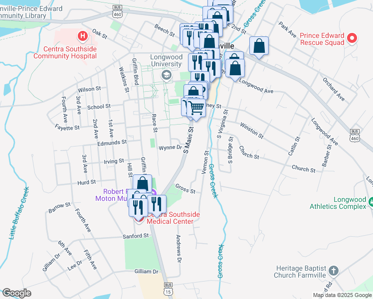 map of restaurants, bars, coffee shops, grocery stores, and more near 621 South Main Street in Farmville