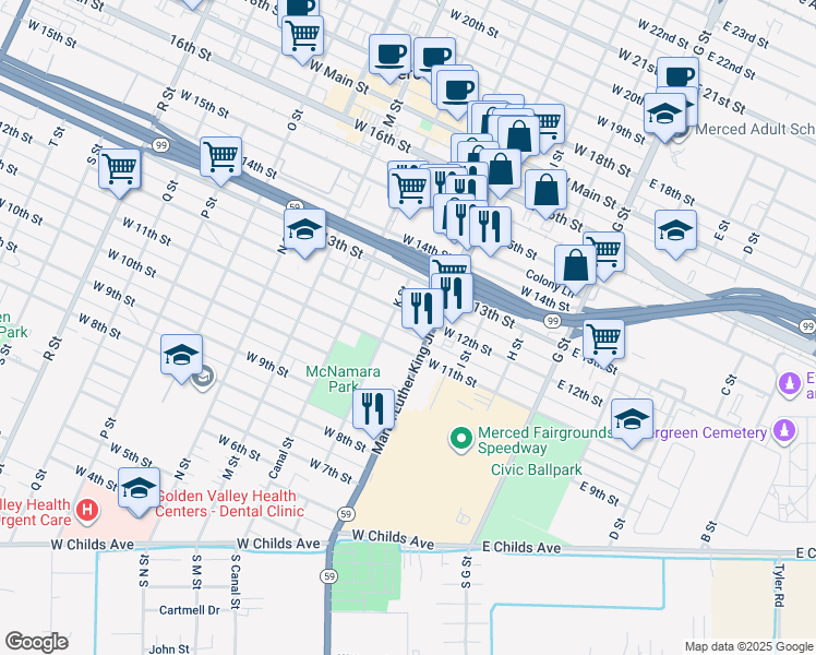 map of restaurants, bars, coffee shops, grocery stores, and more near 319 West 11th Street in Merced
