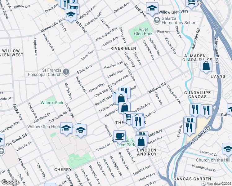 map of restaurants, bars, coffee shops, grocery stores, and more near 1106 Roycott Way in San Jose
