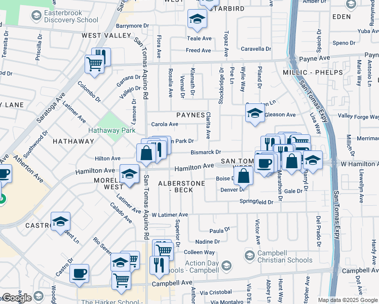 map of restaurants, bars, coffee shops, grocery stores, and more near 3979 Hamilton Avenue in San Jose