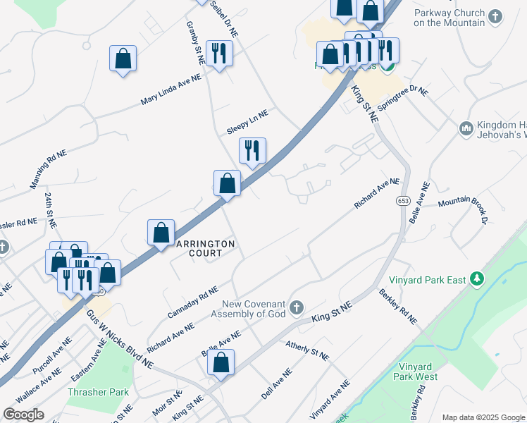 map of restaurants, bars, coffee shops, grocery stores, and more near 3006 Cannaday Road Northeast in Roanoke
