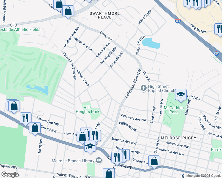 map of restaurants, bars, coffee shops, grocery stores, and more near 2721 Massachusetts Avenue Northwest in Roanoke
