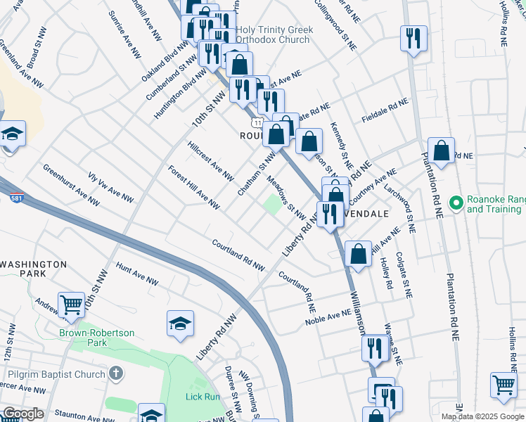 map of restaurants, bars, coffee shops, grocery stores, and more near 2538 Averett Street Northwest in Roanoke