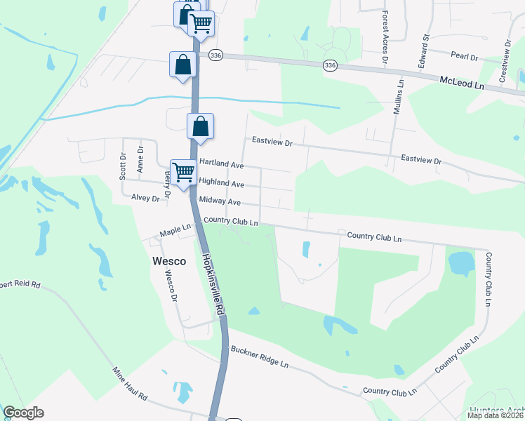 map of restaurants, bars, coffee shops, grocery stores, and more near 188-210 Country Club Ln in Madisonville
