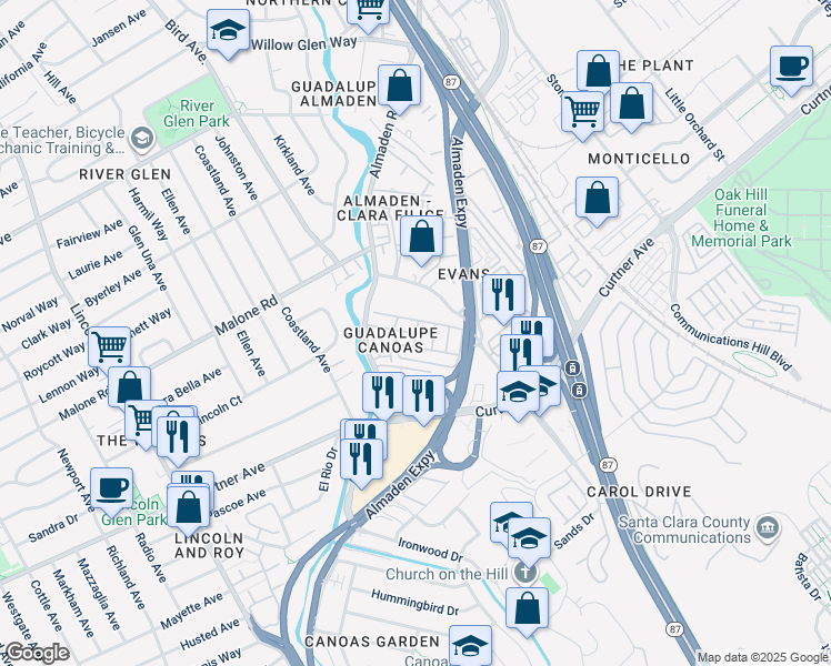map of restaurants, bars, coffee shops, grocery stores, and more near Second Avenue in San Jose