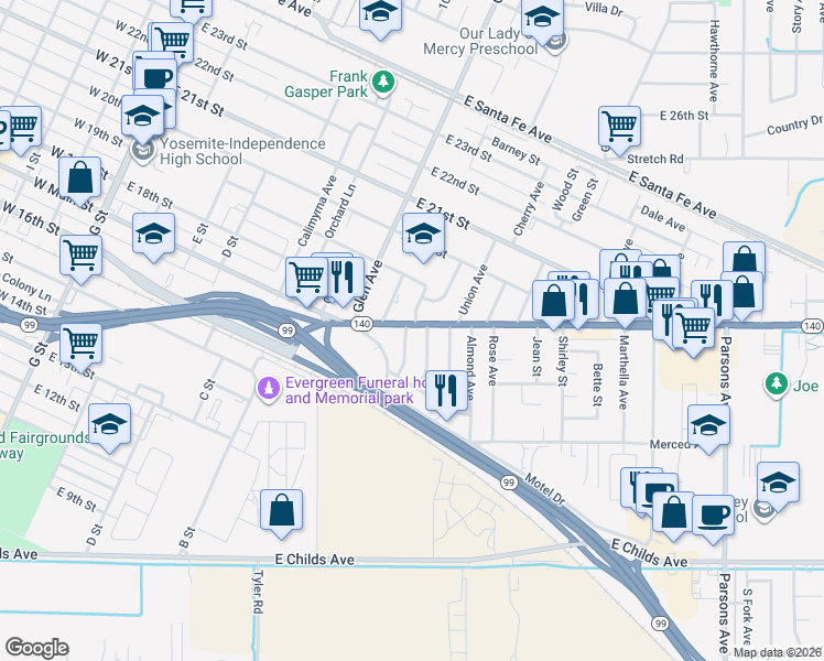 map of restaurants, bars, coffee shops, grocery stores, and more near 1735 Laurel Avenue in Merced