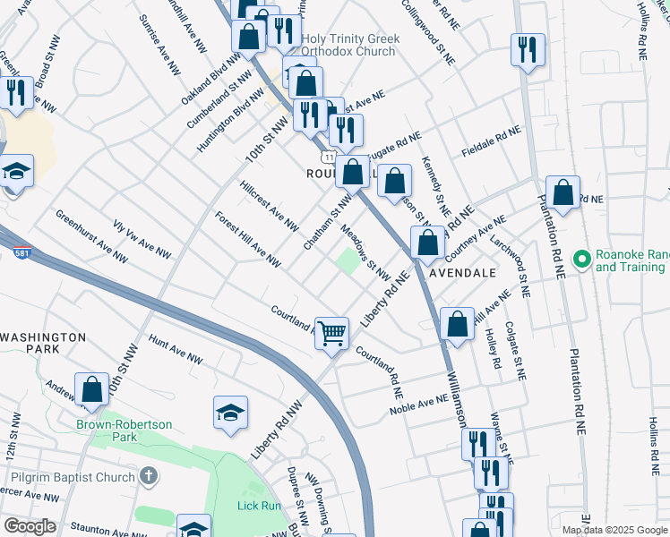 map of restaurants, bars, coffee shops, grocery stores, and more near 2538 Averett Street Northwest in Roanoke