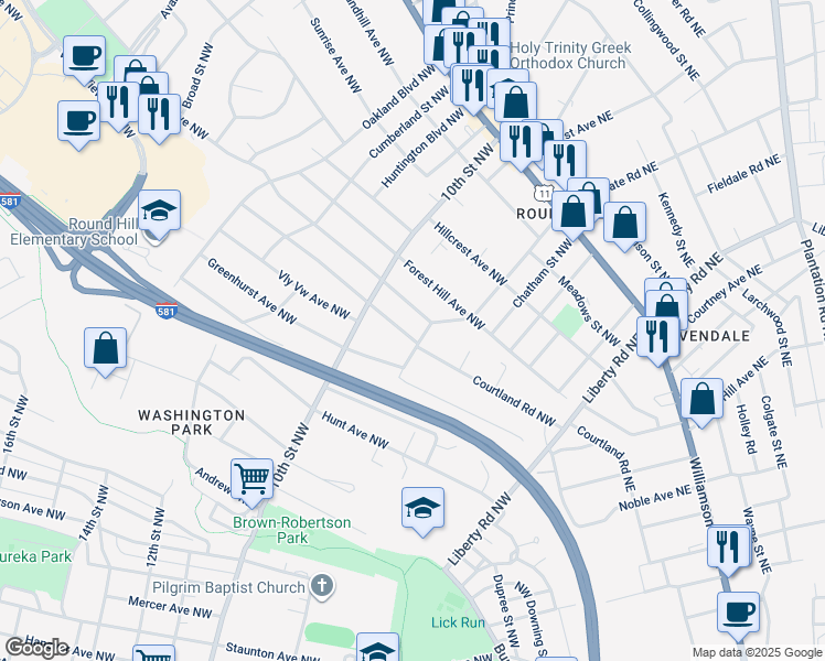 map of restaurants, bars, coffee shops, grocery stores, and more near 3211 Courtland Road Northwest in Roanoke