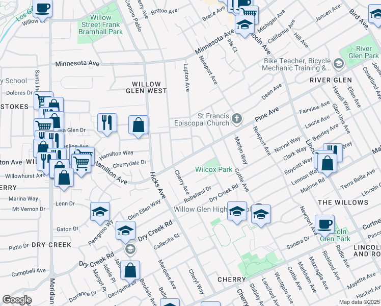 map of restaurants, bars, coffee shops, grocery stores, and more near 1344 Pine Avenue in San Jose