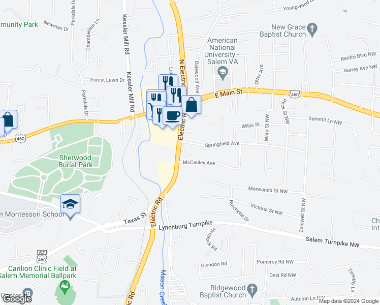 map of restaurants, bars, coffee shops, grocery stores, and more near 220 Electric Road in Salem
