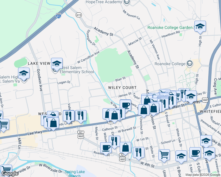 map of restaurants, bars, coffee shops, grocery stores, and more near 219 Locust Avenue in Salem
