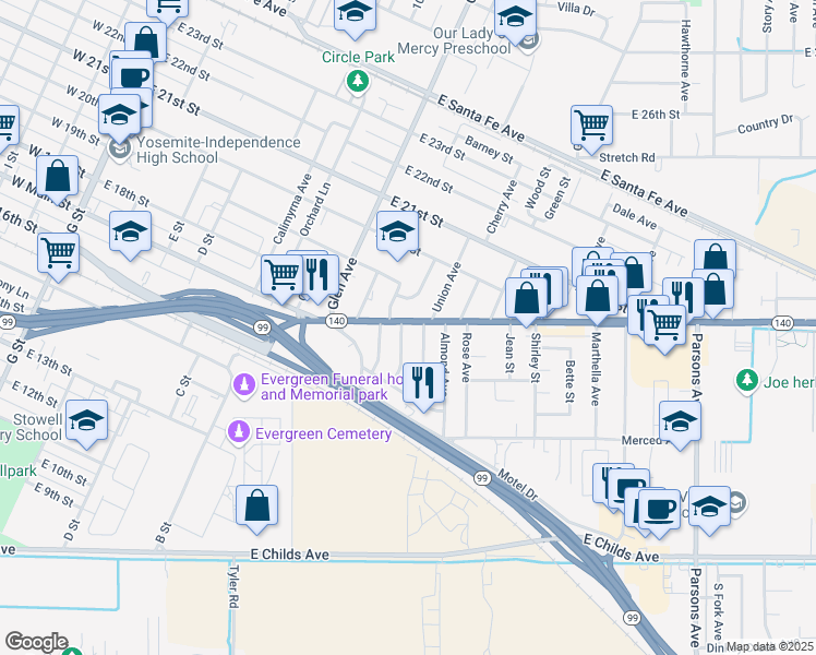 map of restaurants, bars, coffee shops, grocery stores, and more near 1000 West Yosemite Avenue in Merced