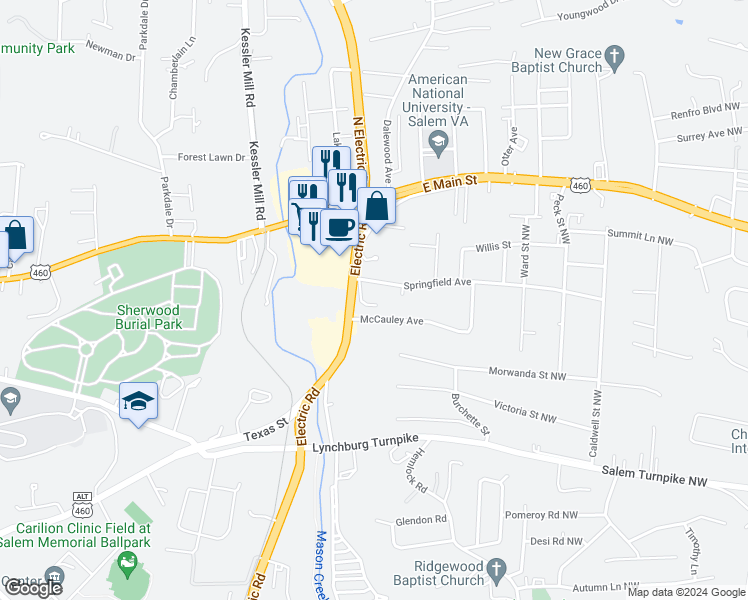 map of restaurants, bars, coffee shops, grocery stores, and more near 220 Electric Road in Salem