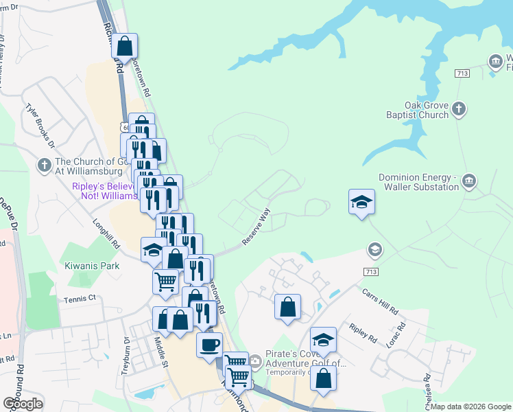 map of restaurants, bars, coffee shops, grocery stores, and more near 102 Gaston Lane in Williamsburg