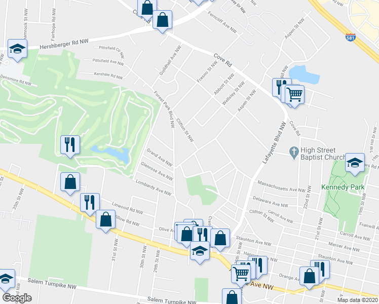 map of restaurants, bars, coffee shops, grocery stores, and more near 1242 Aspen Street Northwest in Roanoke