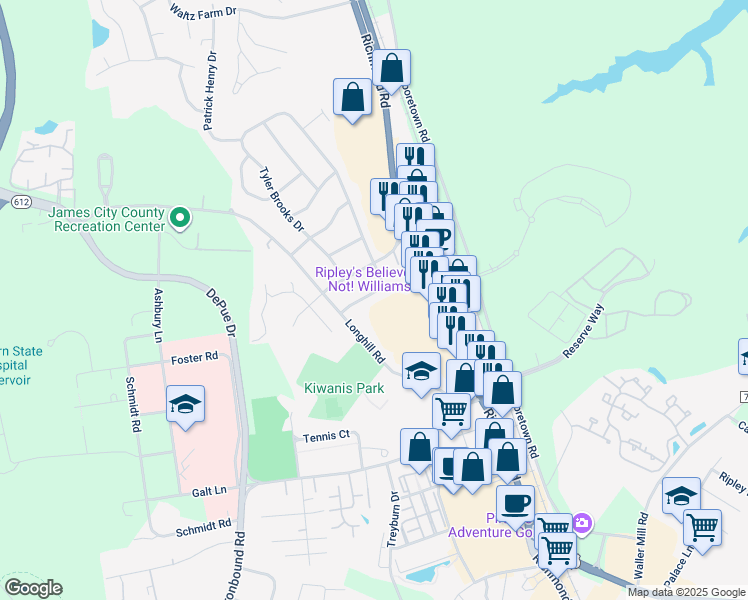 map of restaurants, bars, coffee shops, grocery stores, and more near 108 Thomas Nelson Lane in Williamsburg